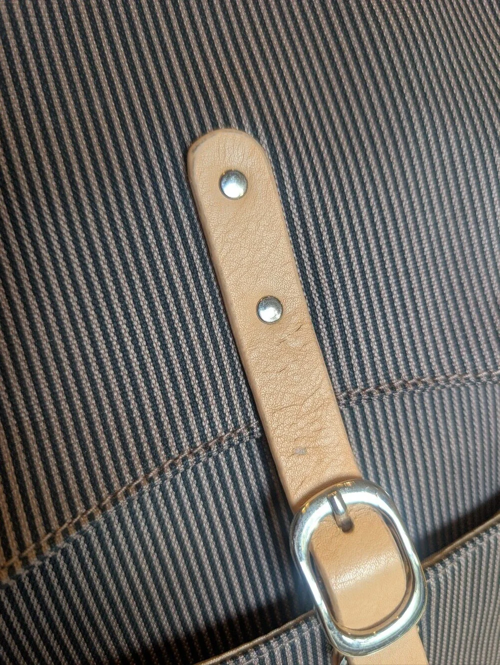 Packapod Brown Pinstripe Backpack with Cream Accessory Pouches